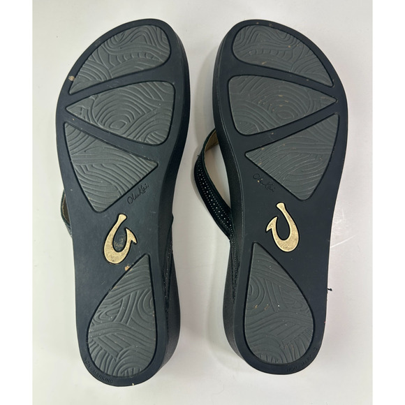Olukai Ola Full Grain Leather Flip Flops Black Slides Women's Size 10 Sandals - Picture 9 of 14